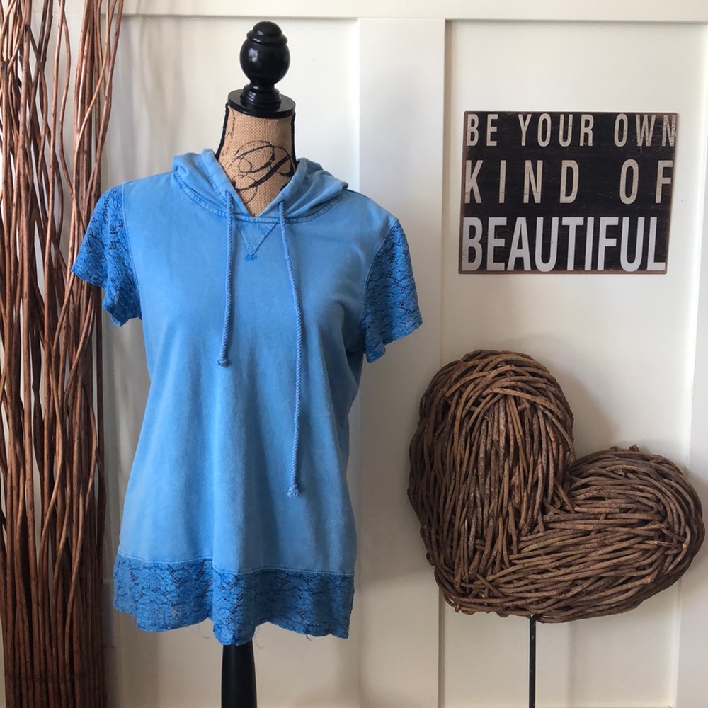 Relax Sky Blue hoodie w/crocheted sleeve and hem